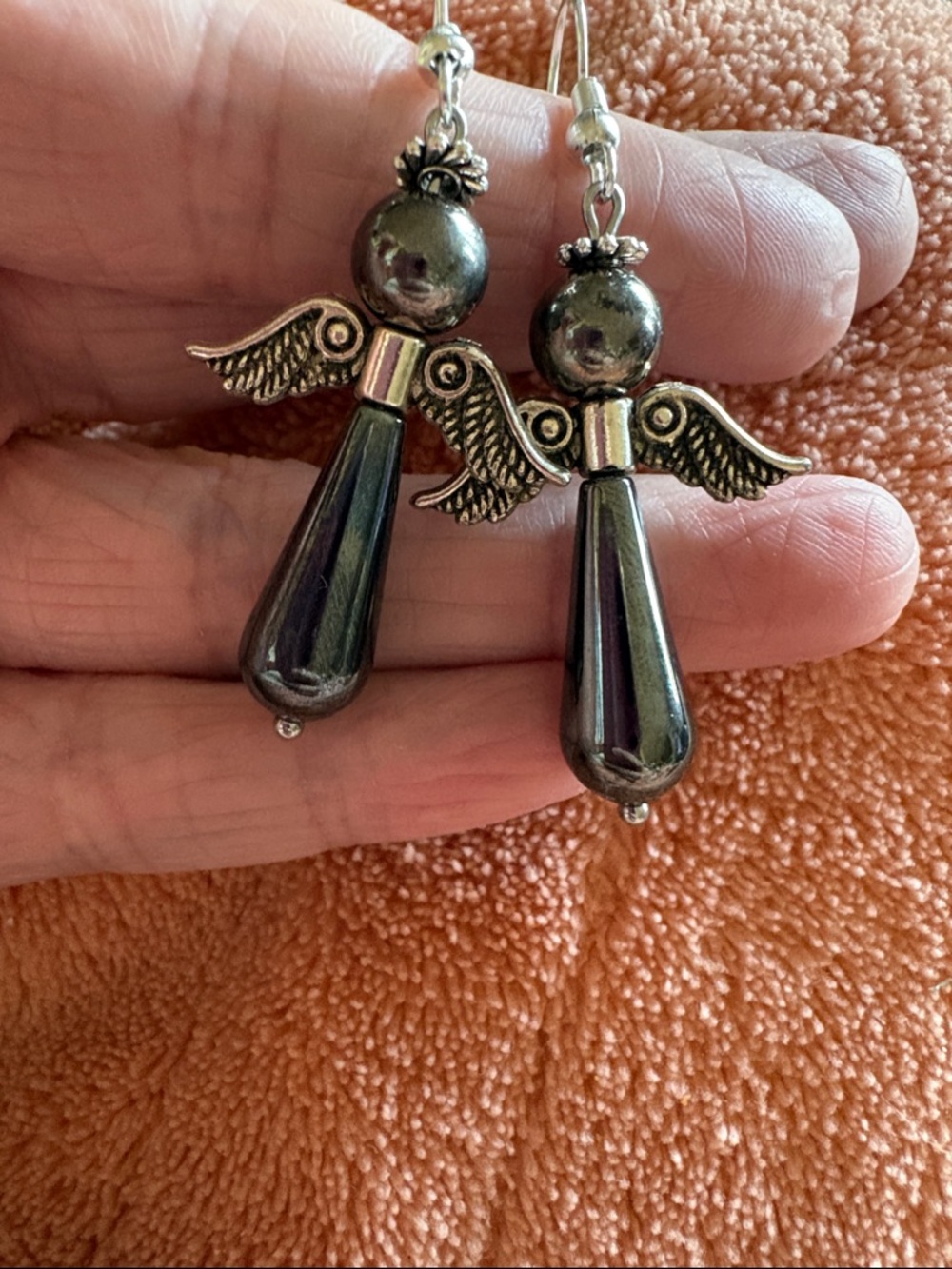 Hand Crafted Hematite Angel Wing Drop Earrings - Picture 2 of 2